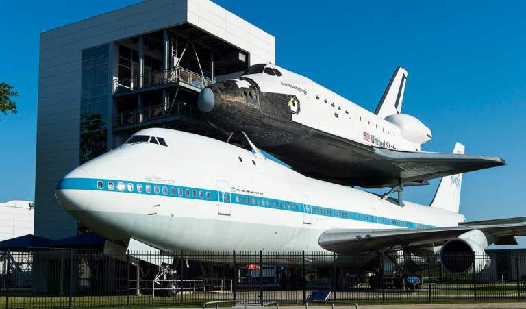 Rocket Park at Space Center Houston with retired shuttle on Boeing 747, ideal for events.