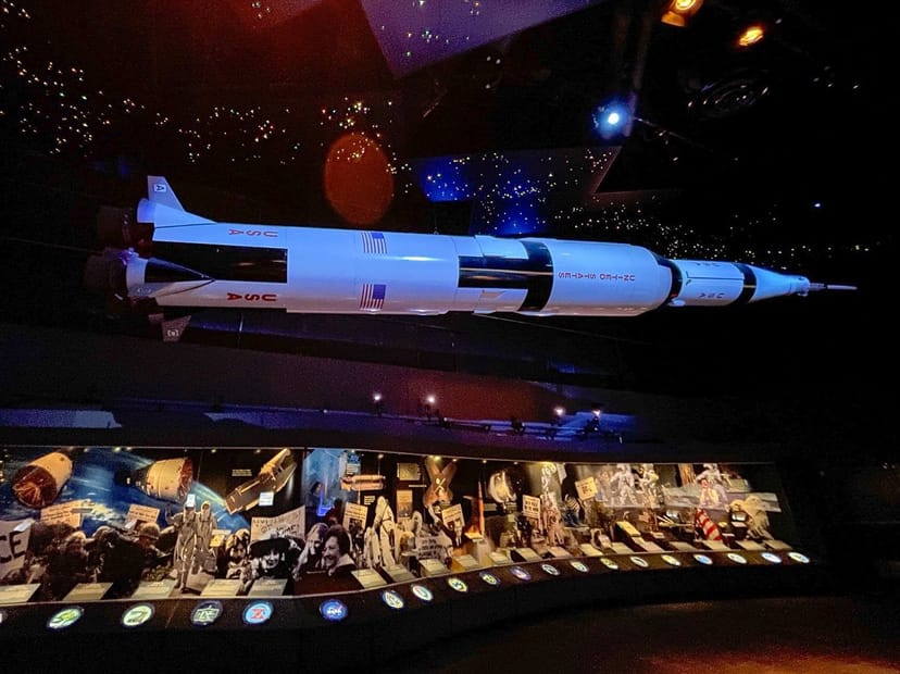 Rocket model display in Space Center Houston for corporate events and seminars.