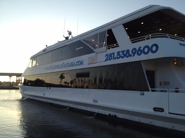 Sleek Boardwalk FantaSea Yacht at Kemah for upscale events and gatherings.