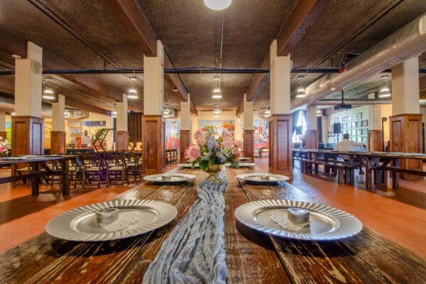 Elegant dining setup at Investors Pub, ideal for events and gatherings in Saint Arnold Brewing.