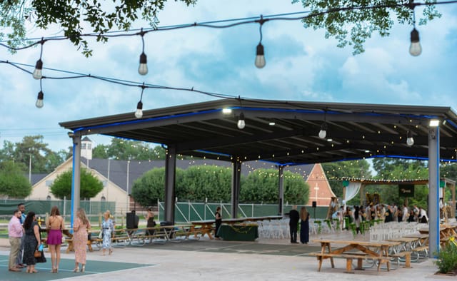 Outdoor event space at SpindleTap Brewery with string lights, ideal for weddings and gatherings.