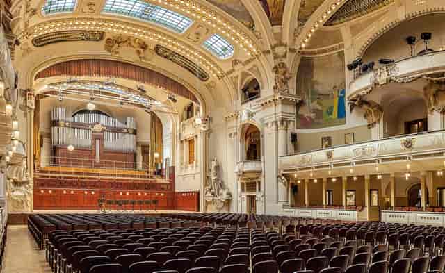 Prague Hall auditorium with elegant design, ideal for conferences and concerts.