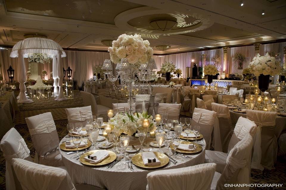 Elegant Constellation Ballroom with floral centerpieces, perfect for weddings and galas.