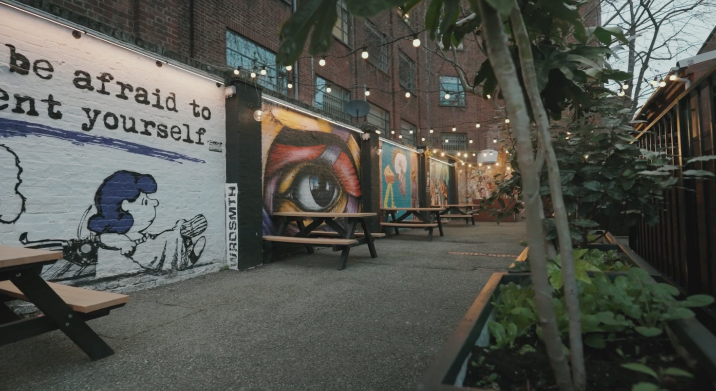 Rivington St garden event | murals, lights, reception