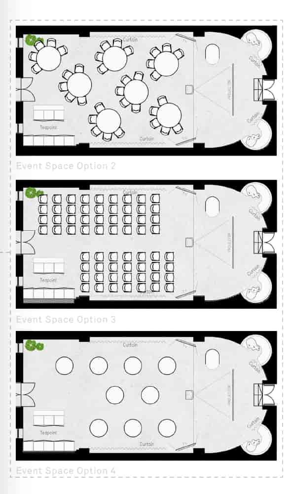 Elmtree event space floor plan with theater seating for conferences and seminars.