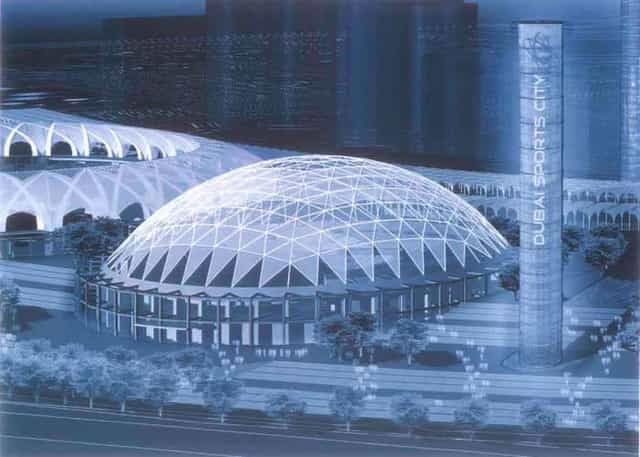 Futuristic geodesic dome in Dubai Sports City for sports events and exhibitions.