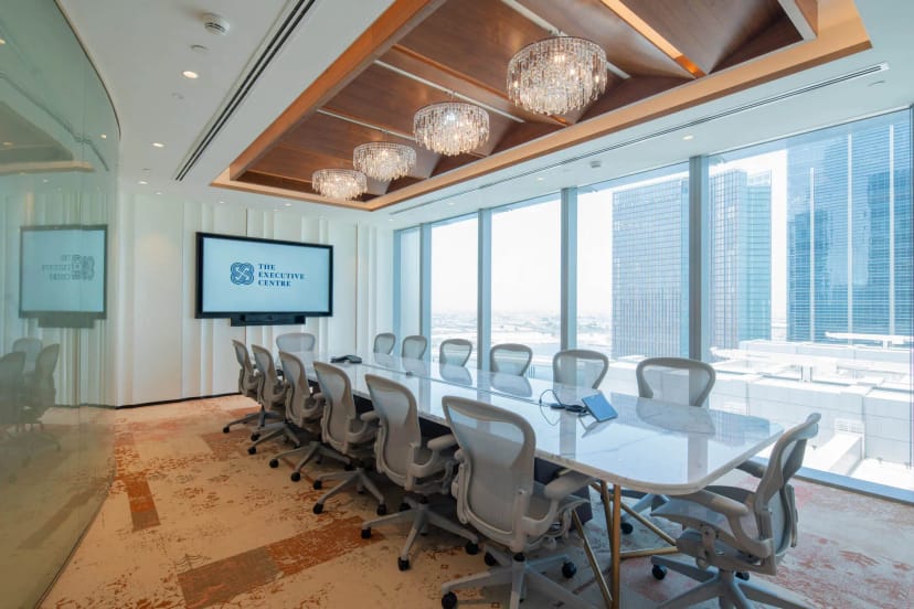 Modern conference room in Executive House with large windows for corporate meetings.
