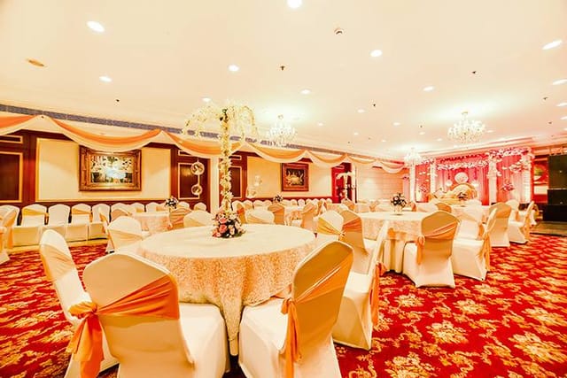 Elegant banquet room at Hotel The Royal Plaza, perfect for weddings and formal events.