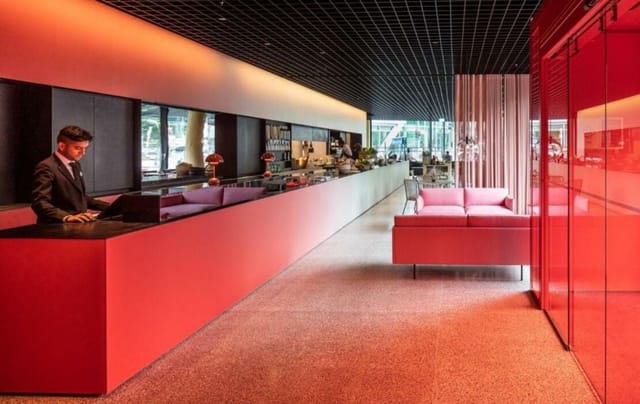 Modern reception at Roof Lounge, Casa Camper Berlin—ideal for corporate events and gatherings.