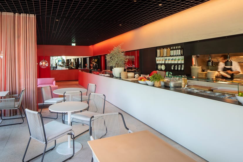 Modern Roof Lounge in Casa Camper Berlin, stylish venue for networking and gatherings.