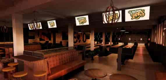 Modern Bowling Alley at Vintners Lanes, stylish seating for sports events and gatherings.