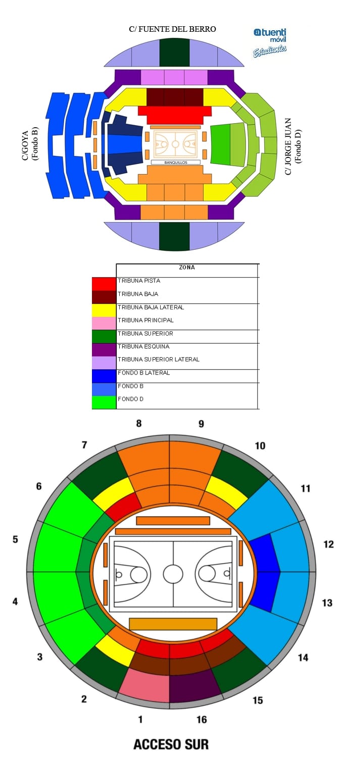 Seating chart for event at Palacio Vistalegre, showing colors and sections for attendees.