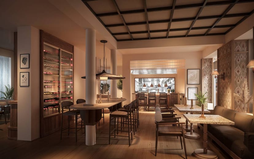 Stylish restaurant venue with warm lighting for intimate meetings and networking events.