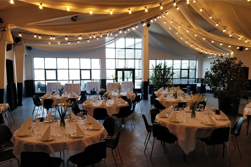 Elegant banquet setup in Small Hall, Docken, ideal for celebrations and corporate events.