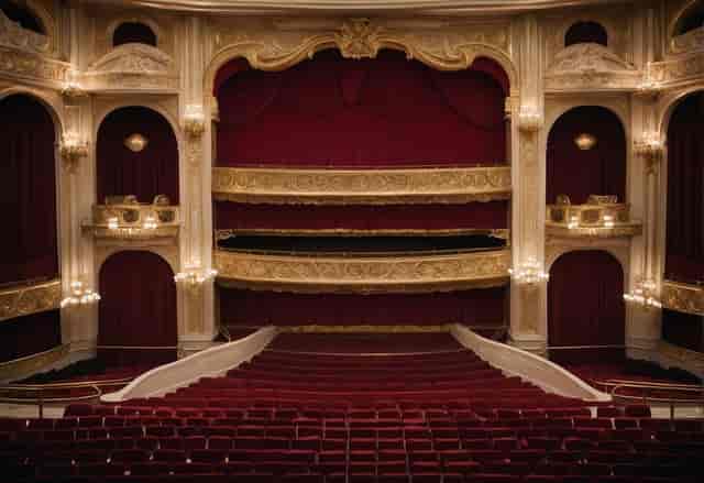 Elegant theater interior with plush red seating at Det Kongelige Teater for events.