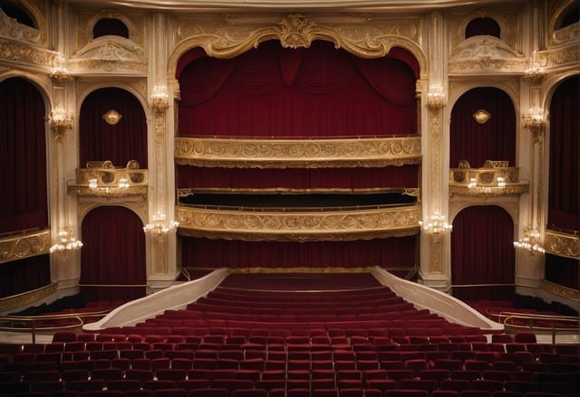 Elegant theater interior with plush red seating at Det Kongelige Teater for events.