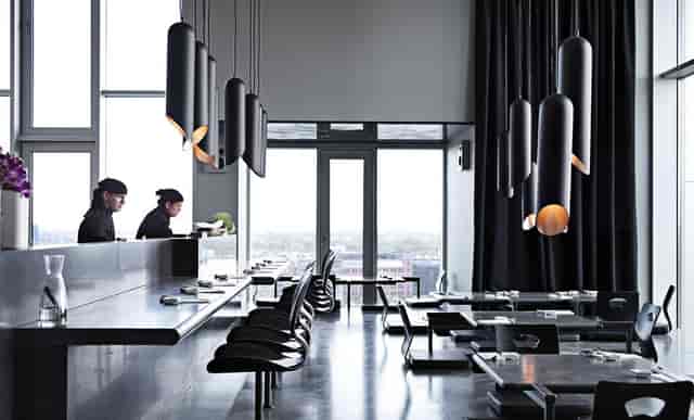Modern Tivoli Salonen restaurant with panoramic windows for corporate events and meetings.