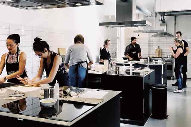 Modern culinary kitchen in CPH Cooking Class for team-building and workshops.