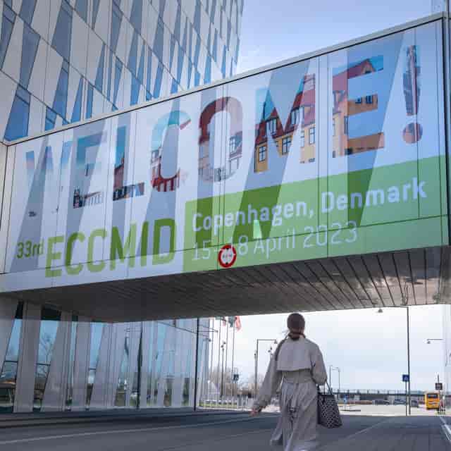"Welcome banner for 33rd ECCMID conference in Copenhagen, highlighting accessibility and engagement."