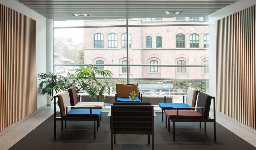 Modern conference room lounge with natural light for networking sessions.