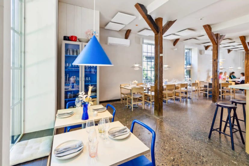 Modern restaurant space in BaneGaarden for meetings and events with natural light.