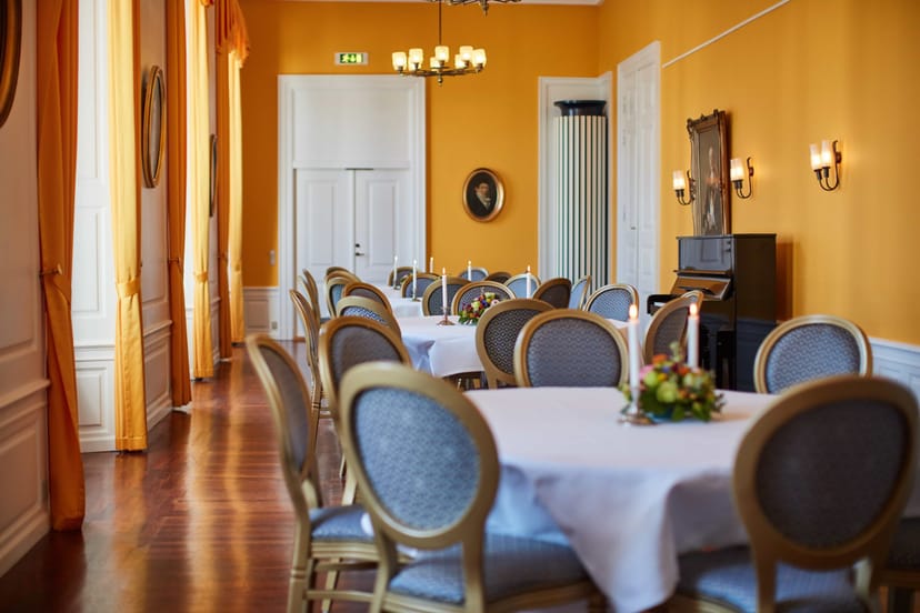 Elegant meeting room with yellow walls for corporate events and intimate gatherings.