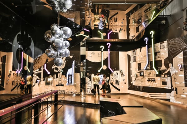 "Shanghai Museum event space with disco balls, ideal for interactive corporate gatherings."