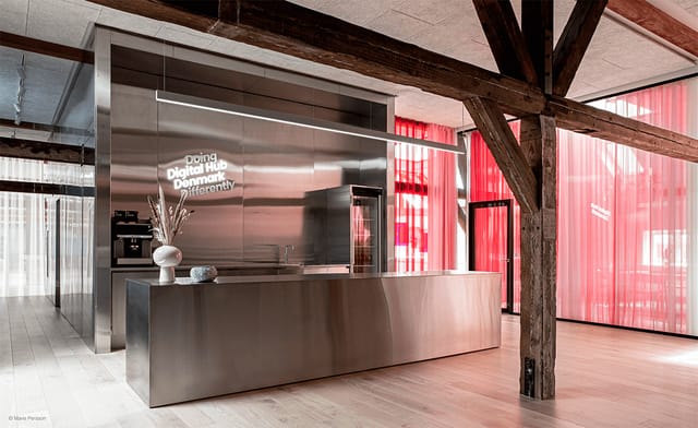 Modern reception area at Digital Hub Denmark, ideal for meetings and events.
