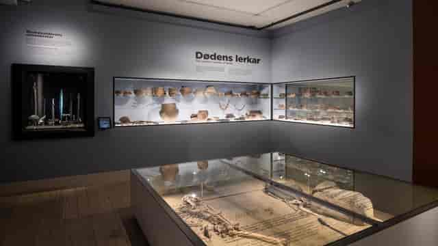 Archaeological workshop with artifacts in Copenhagen museum for educational events.