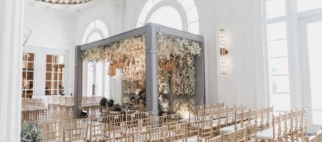 Aria Ballroom Terrace with floral installation, ideal for elegant weddings and upscale events.