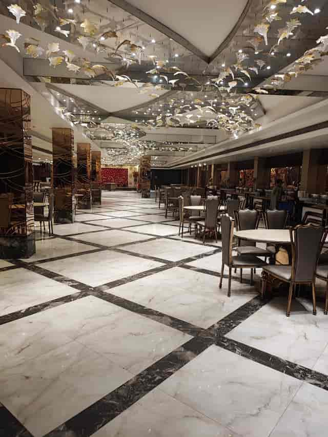 Elegant banquet hall in Crystal Palace with marble flooring, perfect for events.