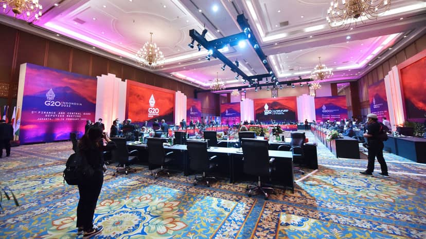 Main Conference Room at Jakarta Convention Center, elegant setup for G20 meeting.