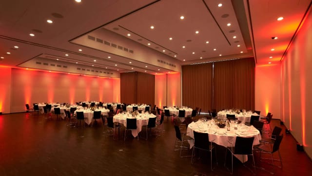 Elegant Blomstersalen venue with round tables for formal events and celebrations.