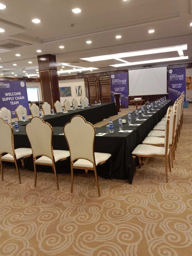 Aqleem Hall 3 & 4 setup for corporate meetings in Royal Swiss Lahore, U-shaped layout.