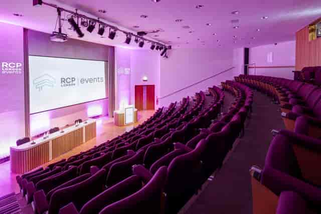 Seligman Theatre auditorium with tiered seating for conferences and events in RCP London.