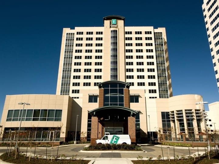 Modern ballroom at Embassy Suites Houston, ideal for corporate meetings and events.