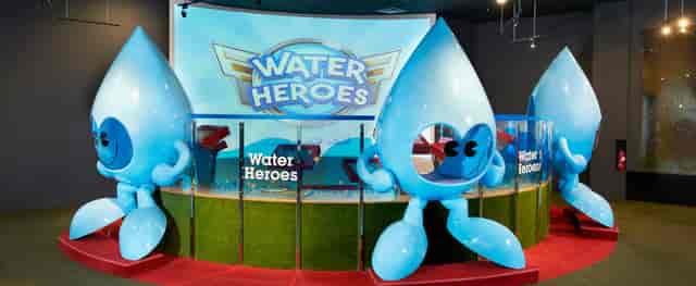 "Bright display at NEWater Visitor Centre promoting Water Heroes for family-friendly events."