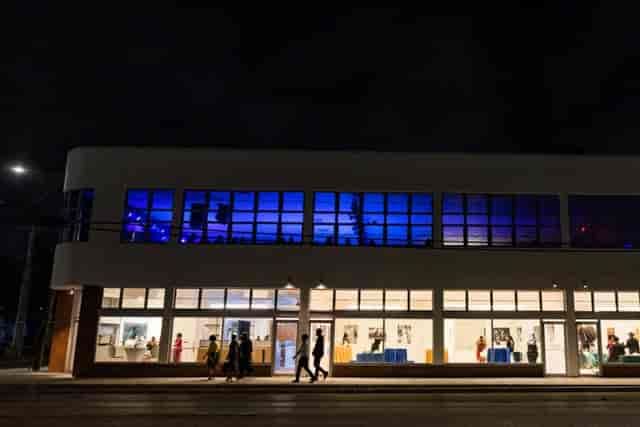 Modern Eldorado Ballroom with blue lighting, perfect for receptions and galas.