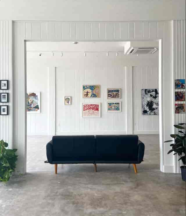 Modern event space at Hogan Brown Gallery, featuring minimalist design and artwork.