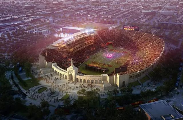 Los Angeles Coliseum stadium with vibrant crowd, perfect for concerts and events.