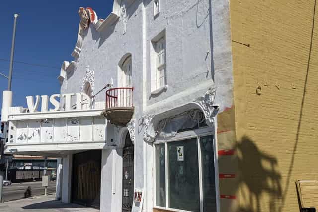Vintage Vista Theatre facade with unique architecture, perfect for creative event branding.