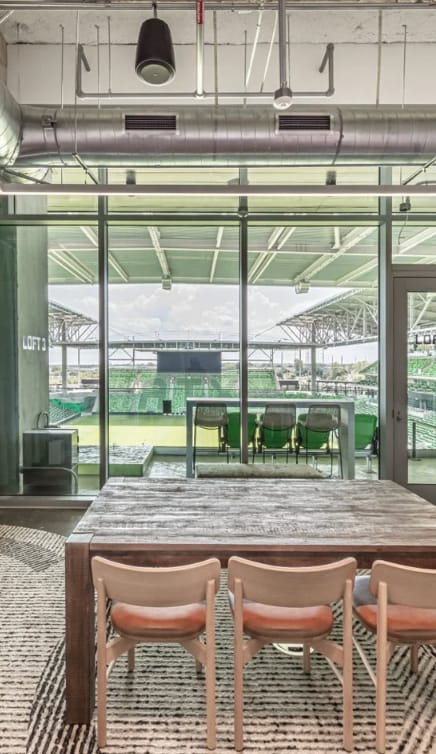 Panoramic view of Q2 Stadium's North Building, ideal for sporting events and corporate meetings.