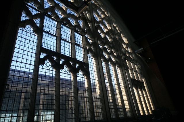 Stained glass window in Harrow Club's Sports Hall, perfect for weddings and events. - Banner
