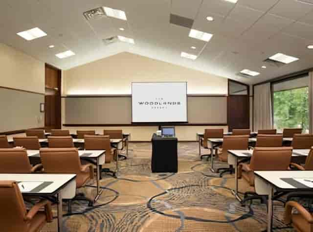 Meeting room at The Woodlands Resort for corporate events and trainings, featuring a presentation screen.