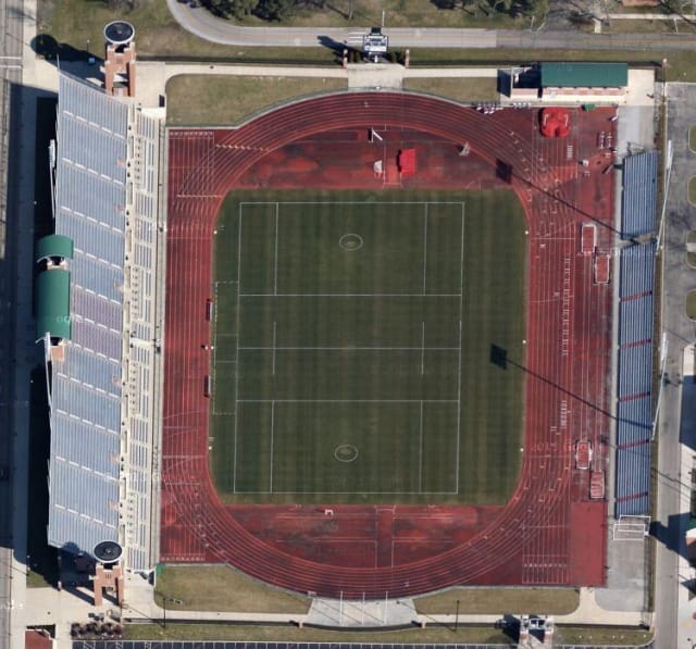Aerial view of Jesse Owens Stadium, perfect for events and sports competitions.