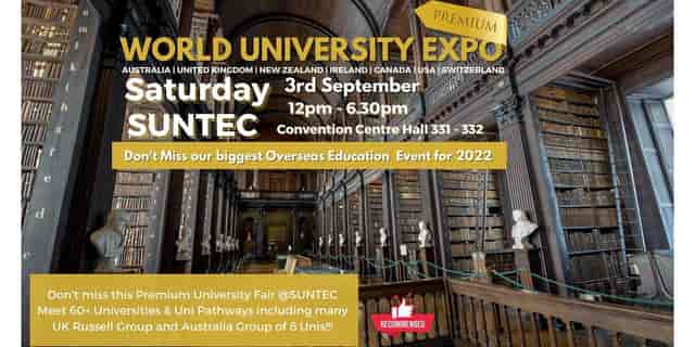 Suntec Convention Hall 331 ad for World University Expo, featuring event details.