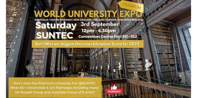 Suntec Convention Hall 331 ad for World University Expo, featuring event details.
