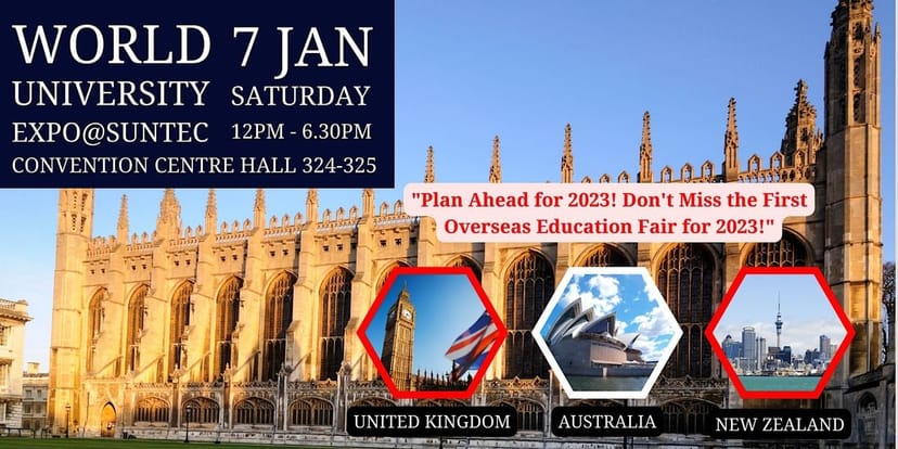 Promotional flyer for Overseas Education Fair at Suntec Convention Centre, January 7th.