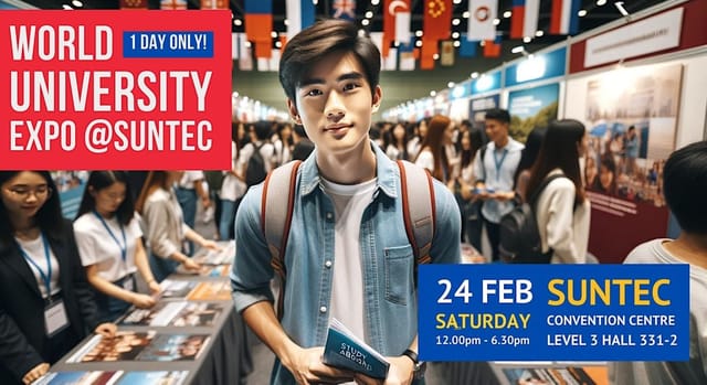 Suntec Convention Hall 331 bustling with attendees at World University Expo. Global engagement.