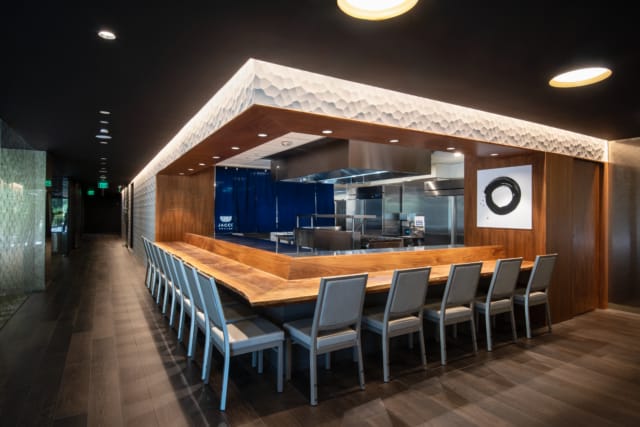 Elegant conference room with wooden table at Japanese American Cultural Center for events.